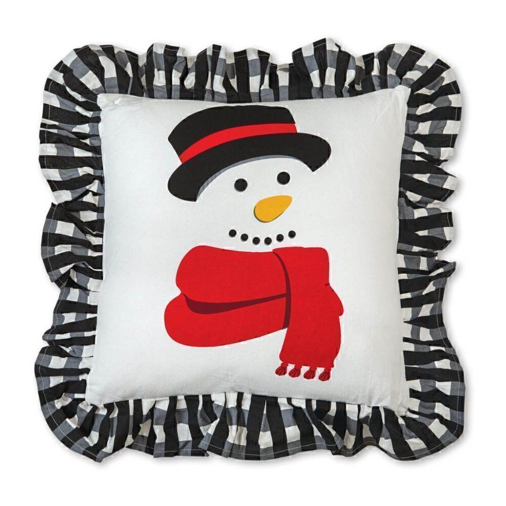 Christmas Snowman Buffalo Plaid Ruffled Large Throw Pillow Festive Farmhouse